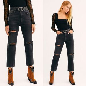 We The Free High Rise Rigid Black Wash Distressed Crop Straight Jeans Sz 26